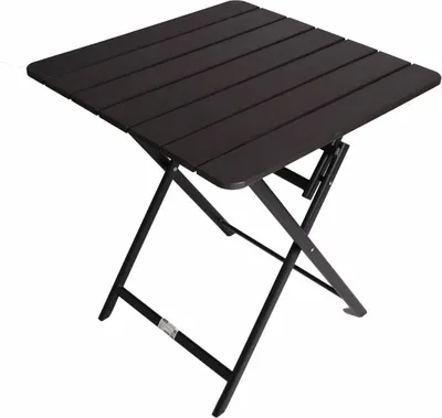 A dark gray folding table with black metal legs, shown from a slightly elevated angle against a white background.