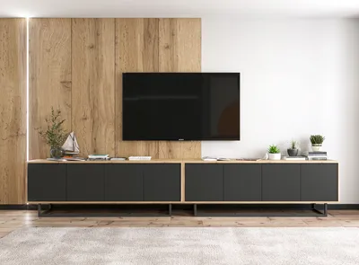 Produktbild von 2 Stk TV-Schrank 2 x Apollo 2 TV Loft Style Schwarze Metall Fußgestell Modern Lindner Möbel  300cm x 53cm x 35cm Farbe: Wotan Eiche - schwarz matt