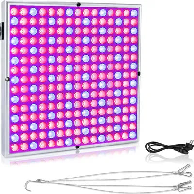 A grow light with pink and blue LEDs, along with its power cord and hanging wires, is displayed against a white background.