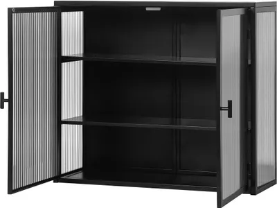 Produktbild von 70CM Moderner zweitüriger Wandschrank(Schwarz)Glastürenm mit dreistufiger Lagerung für Eingangsbereich Wohnzimmer Badezimmer Esszimmer