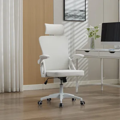 Immagine prodotto di Sedia da ufficio ergonomica in rete con supporto lombare e poggiatesta regolabili – Sedia da scrivania direzionale a schienale alto per casa/ufficio. Bianca