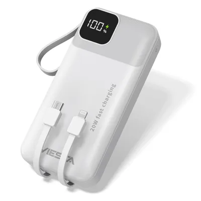 Immagine prodotto di VIESTA® powerbank 20.000 mAh bianca ricarica rapida 22,5 W PD 20W cavo USB-C Lightning integrato display LCD torcia LED USB-A USB-C laccetto