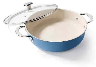 Image de Poêle avec couvercle, 28 cm, bord haut, 3,85 litres, revêtement antiadhésif en céramique, compatible induction, couleur bleue