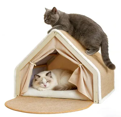 Produktbild von 2-in-1 Katzenhaus mit Kratzbrett aus Holz, faltbar, 50x40x40 cm