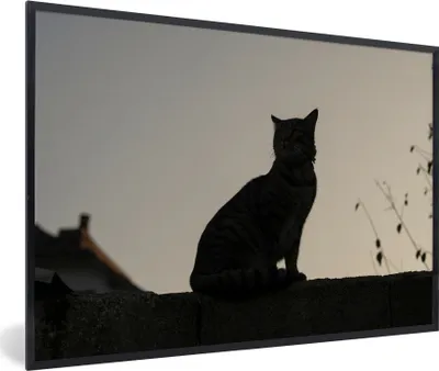 Produktbild von MuchoWow® MuchoWow® Gerahmtes Poster Katze - Dunkelheit - Zaun 90x60 cm - Poster mit zchwarzem Bilderrahmen - Fotorahmen - Foto-Plakat