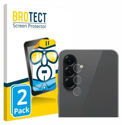 A product image showing packaging for screen protectors and a close-up of a smartphone camera lens with screen protectors applied.