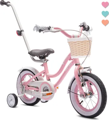 A pink children's bicycle with training wheels and a parent push bar, shown against a white background.
