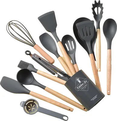 Produktbild von Silikon-Küchengeschirr-Set mit Holzgriffen, hitzebeständig, Pfannenwender, Zange, Spatel, Löffel, Bürste, Schneebesen, antihaftbeschichtete Kochutensilien