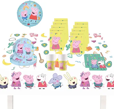 Produktbild von Peppa Wutz Partydekoration zum Geburtstag, 46-teilig, mit Einweggeschirr und Dekoration für den Kindergeburtstag