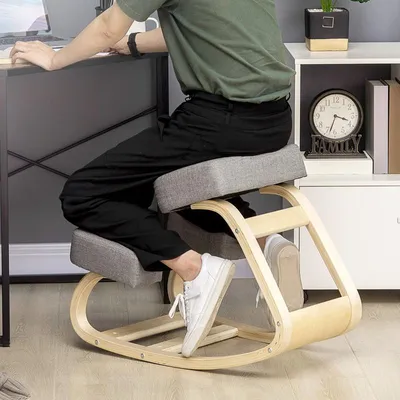 Immagine prodotto di okwish Sgabello ergonomico per ufficio con struttura in legno in schiuma, sedia da meditazione in ginocchio per una migliore postura, grigio