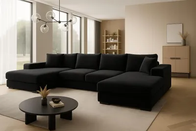 A modern living room with a large black sectional sofa.