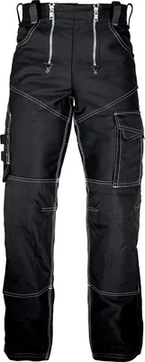 A pair of black work pants with white stitching, shown front-on against a white background.