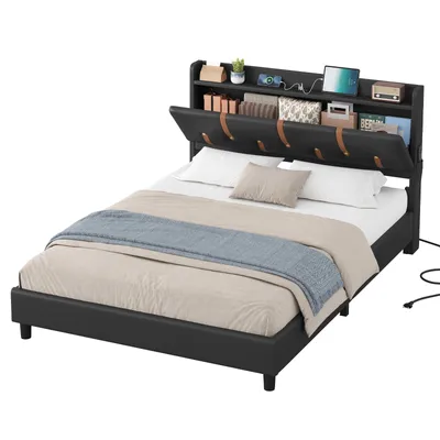 Produktbild von AODEMOKO Bett, Polsterbett mit Stauraumkopfteil und Steckdosen, Bettrahmen mit Lattenrost, Gepolstertes Bettgestell, 140 X 190 cm, Polyurethan Schwarz