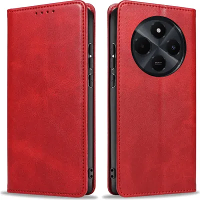 A red leather flip case for a smartphone is shown from two angles.