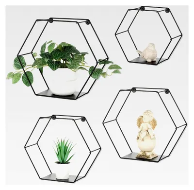 Produktbild von Wandregal Hexagon Schwarz Metall: 4er Set Hängeregal Modern