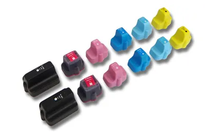 A collection of printer ink cartridges arranged in rows on a white background.