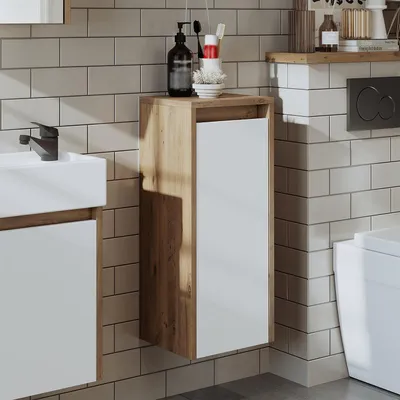 Produktbild von Roomart MINI-50 Badmöbel Hochschrank 30 cm breit, Weiß-Eiche