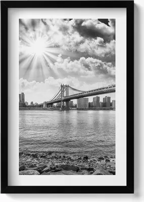Produktbild von Schwarz-weiße Brooklyn Bridge in New York– Wandbild mit Rahmen – Gerahmtes Bild  – Wanddekoration – 40x60 cm –  Schwarz