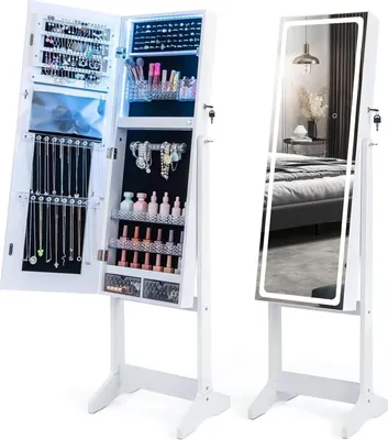 Image de Armoire à bijoux avec miroir - Armoire à glace - Éclairage LED tricolore - Inclinable - Avec tiroirs - Bois - Montage requis - Blanc