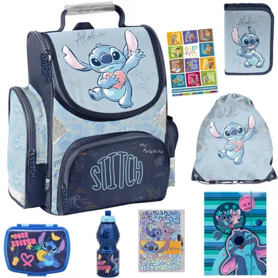 Produktbild von Schulranzen für Jungen und Mädchen, 8er-Set - Schul-Rucksack für Kinder mit Federmäppchen - Schuhbeutel Trinkflasche und Brotdose- Stitch Motiv