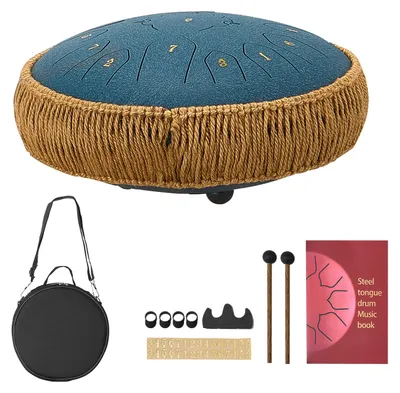 Image de SucceBuy Tongue Drum Ø 305 mm, 13 notes, tambour à languettes en do majeur, livré avec un livret de partitions et des baguettes, instrument de percussion pour la méditation, le yoga et l'initiation musicale, Steel Tongue Drum bleu marine