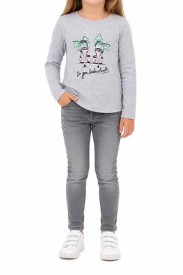 Produktbild von 30288 Mädchen Langarmshirt Grau Gr. 128 – Stummer – mit Schuh-Motiv & Schleifen – elastisch & bequem