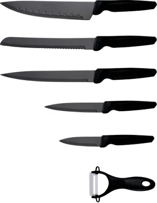 Produktbild von Michelino 6 teiliges Messerset (5 Messer & 1 Sparschäler) Edelstahl scharfe Messerklingen Küchenmesser Fleischmesser Schwarz