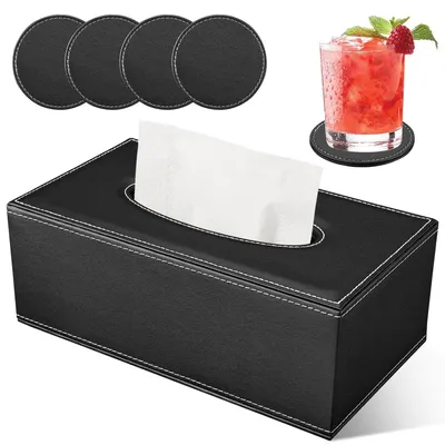Produktbild von Kosmetiktücherbox Leder Schwarz mit 4 Untersetzern