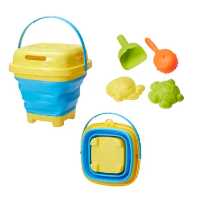 Immagine prodotto di Set da spiaggia per bambini composto da 6 pezzi: secchiello pieghevole da 1,5 litri in silicone e PP, pala, rastrello, setaccio e 2 formine per la sabbia