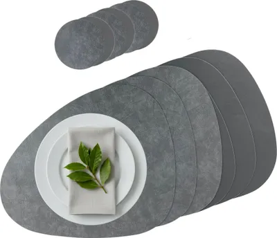 Produktbild von Platzset 6er Set, 2in1 Wende-Tischunterlage Kunstleder oval, Platzdeckchen 40x31cm Nierenform (grau)