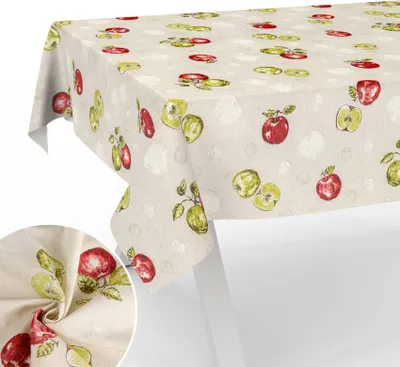 Produktbild von Tischdecke Apfel mit Tee und Kaffee aus Textil Tischtuch mit Beschichtung Tischwäsche Naturel Beige Breite 140cm Länge 120cm mit Schnittkante