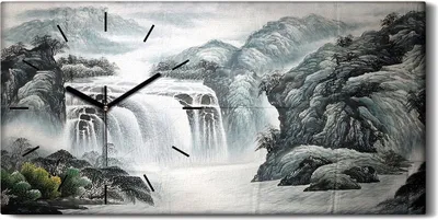 Produktbild von Wandkunst Leinwand Bild Uhr 60x30 Gemälde Berg Fluss Wasserfall Büsche Kunst - schwarze Hände