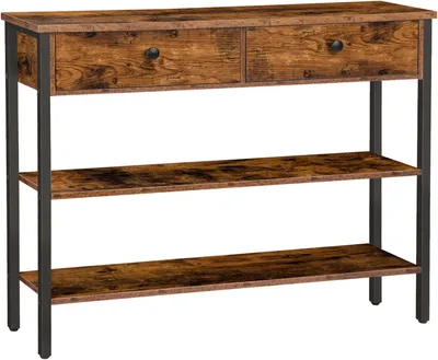 Image de Table console murale avec 2 tiroirs et étagères - Style industriel en métal et bois - Couleur marron vintage