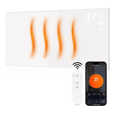 A white infrared heating panel with orange heating elements, a remote control, and a smartphone displaying a heating app.