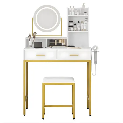 Produktbild von Schminktisch mit 360° Spiegel – LED Beleuchtung 3 Farben – USB & Steckdosen – Make-up Tisch mit Hocker – Weiß Gold