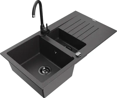 Produktbild von Mexen Matias 1,5-Becken-Granitspüle mit Abtropffläche und Mischbatterie Telma, Schwarz gesprenkelt - 6502-76-670200-70-B