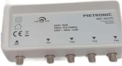 Obrázek produktu pro AV distribuční zesilovač 4 výstupy F konektor Nastavení zisku TV Sat