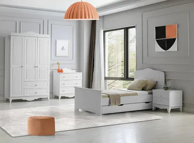 Image de Ensemble de meubles Elegant Lit Table de nuit Commode Armoire blanche 4 pièces Design