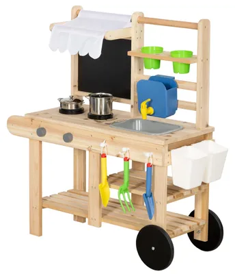 Produktbild von Matschküche Kinder Outdoor, Spielküche aus Holz mit echtem Wasserhahn, Spüle, Herd, Ablagefach, Wassertank, Naturholz