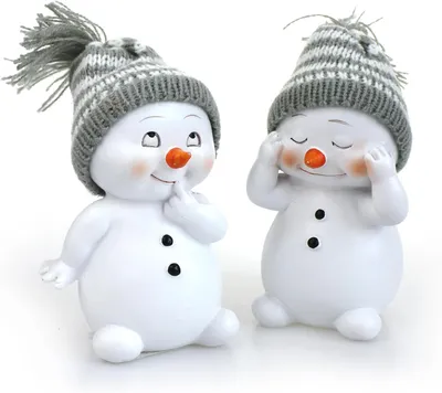 Productafbeelding van Decoratieve sneeuwpoppen in set - Set van 2 - Elk 11 cm - Keramisch wit - Wintermuts - Textiel - Wol - Grijs