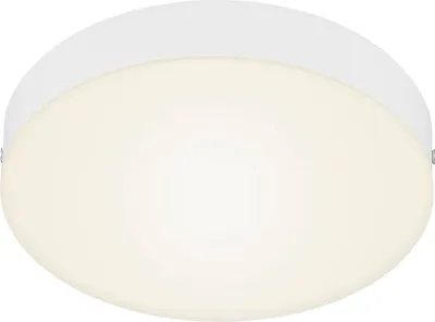 A white, circular LED ceiling light is shown against a white background.