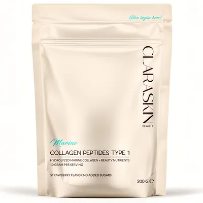 Produktbild von CLARASKIN® | Hydrolysiertes Marine-Kollagen Typ I – 300 g | Beauty Blend | Fischkollagen, Vitamin C, Hyaluronsäure, Zink, Biotin, Selen | Erdbeergesch