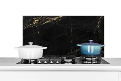 Produktbild von KitchenYeah®  Spritzschutz Küche - Küchenrückwand - Wandschutz für Herd und Spüle - Marmoroptik - Luxus - Schwarz - Gold 90x45 - Alu-Dibond (Alternative zum Spritzschutz aus Glas) - Hitzebeständig - H