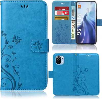 A collage of images showing a blue flip phone case with a floral and butterfly design, including a view of the inside with card slots and a phone screen.