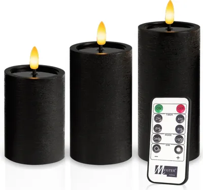 Immagine prodotto di Meisterhome® Set di 3 candele LED - Candele LED - Candele senza fiamma Rustik - Nero - Luce tremolante bianco caldo - Con telecomando e timer