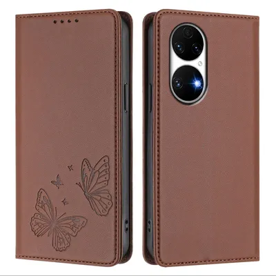 Image de Étui en cuir pour Huawei P50, motif papillon, étui à rabat avec porte-appareil, marron