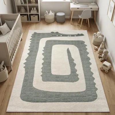 Immagine prodotto di Tappeto per bambini con motivo coccodrillo, stile minimalista, color crema e verde, struttura 3D, dimensioni: 80 x 150 cm