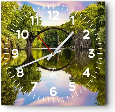 Produktbild von Wanduhr - Quadrat - Glasuhr - Park Natur Wasser - 30x30cm - Schleichendes Uhrwerk - Lautlos - zum Aufhängen bereit - Dekoration Modern - Wanddekoration aus Glas - C4AC30x30-3902