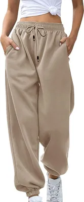 Produktbild von Damen Freizeit-Sweathose mit Kordelzug, Weite Jogginghose, Weiche Bequeme Hosen mit Taschen und elastischen Bündchen, Khaki, M