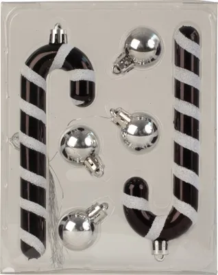 Produktbild von 4 x Weihnachtsdekoration Komplettsets mit jeweils 2 Zuckerstangen & 4 Weihnachtskugeln schwarz/silber